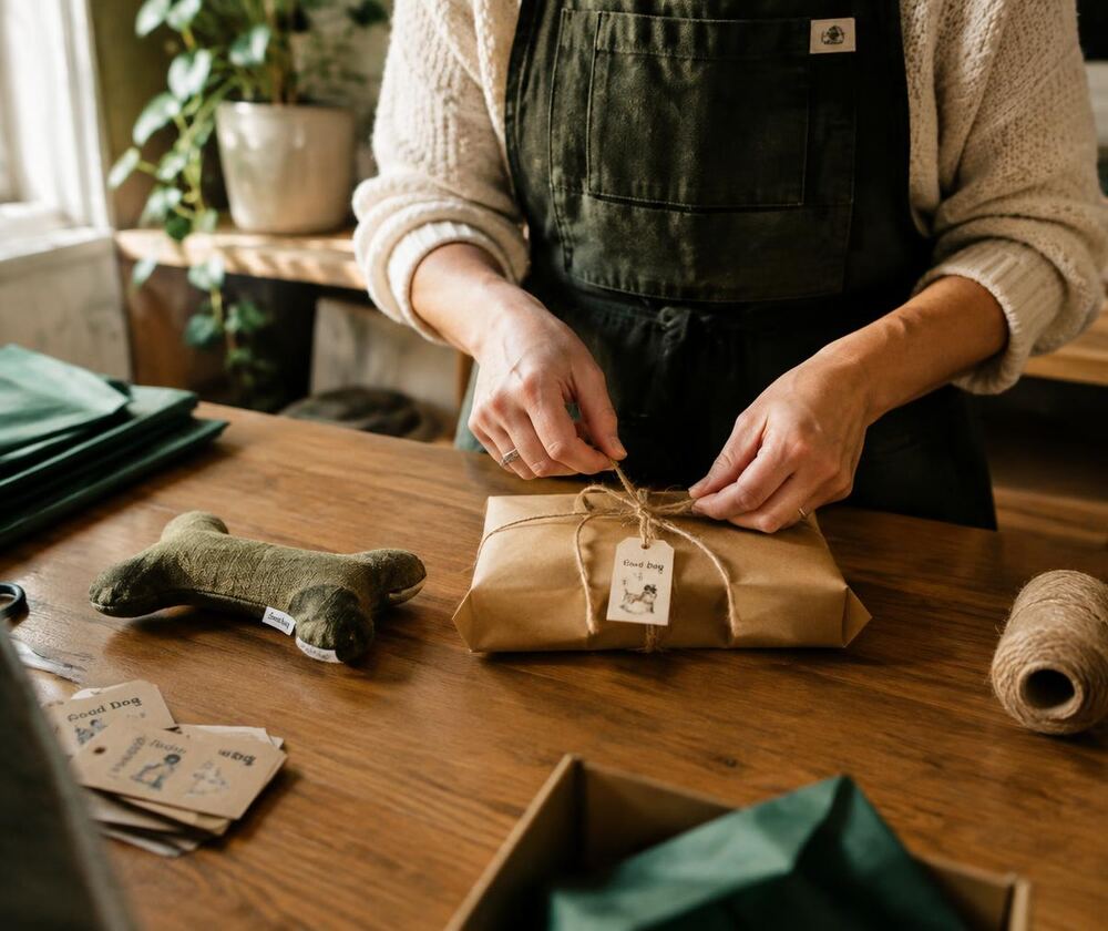 A maker wrapping a handmade dog toy in kraft paper and twine